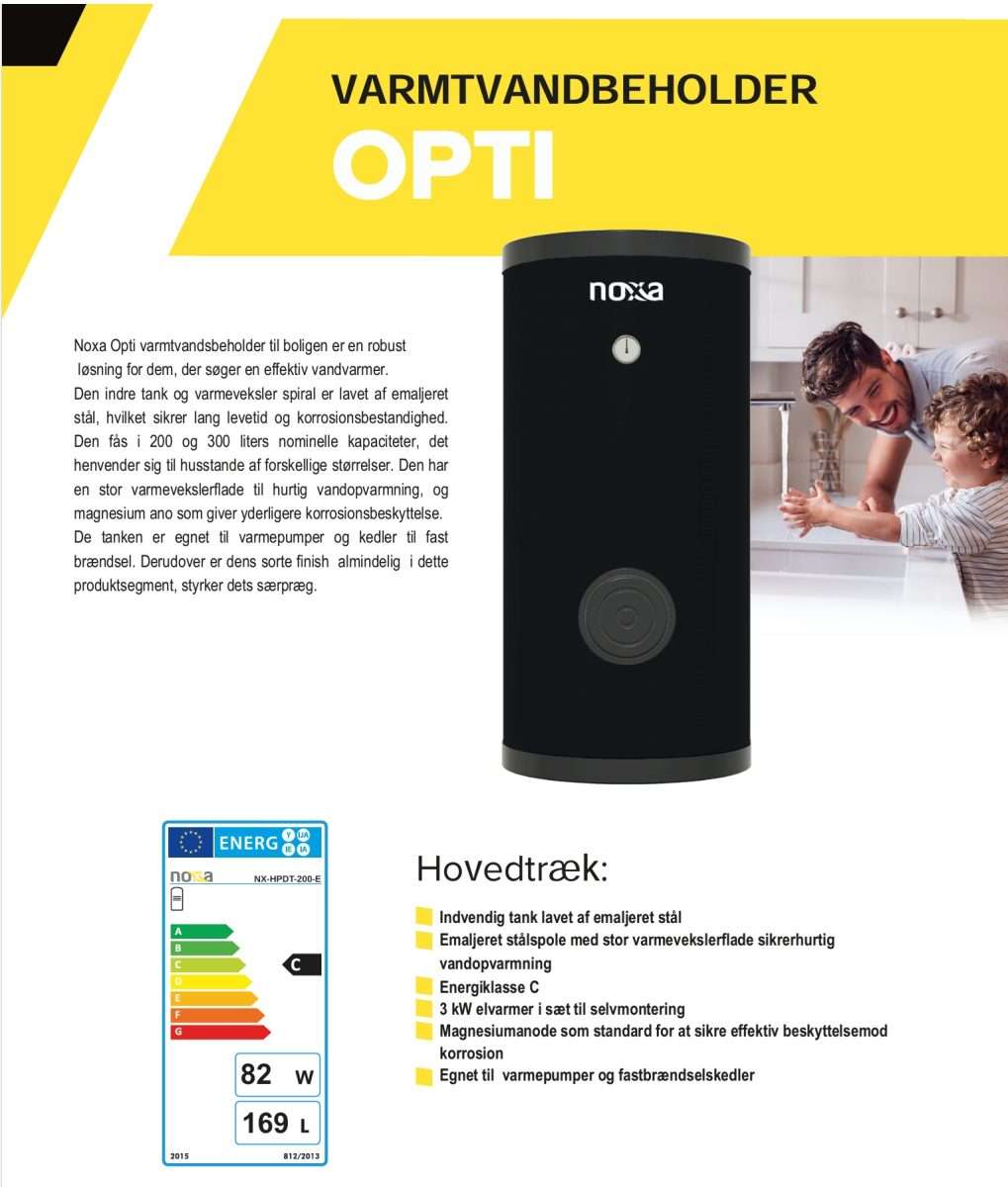 Noxa Opti varmtvandsbeholder 200l  2m² varmespiral, 3kW El-patron - Billede 2